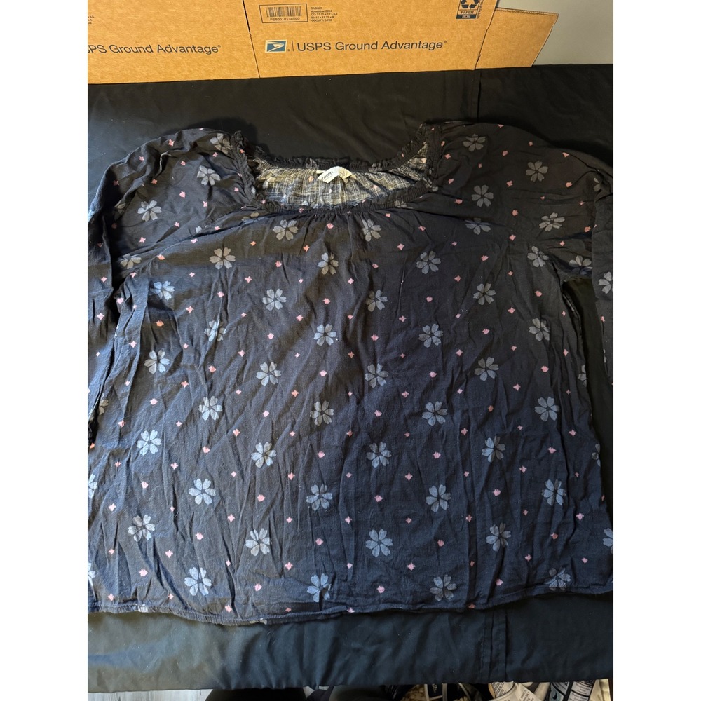 Sonoma‎ Goods For Life Women XL Floral Peasant Blouse Gray Pink Elastic Neck Top